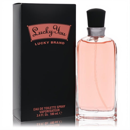 Experience Lucky You by Liz Claiborne 3.4 oz EDT spray. Clear glass bottle with peach fragrance, silver nozzle, and iconic black box.