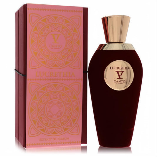 Elegant Lucrethia V Canto Extrait De Parfum, featuring a rich dark red velvet bottle, gleaming gold cap, and ornate pink patterned box.
