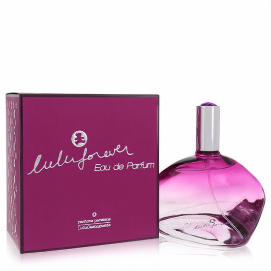 Lulu Forever 3.3 oz Eau De Parfum spray in a stunning pink-magenta glass bottle with a sleek silver cap and matching box.