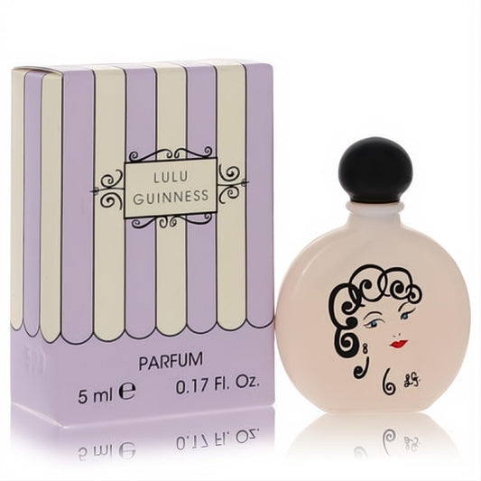 Lulu Guinness Mini EDP .17 oz. Whimsical pale peach bottle with face design, black cap, beside its elegant lavender striped box.