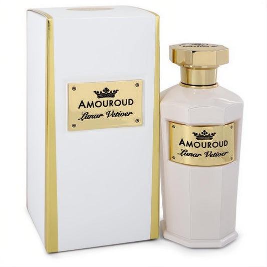 Luxurious Amouroud Lunar Vetiver 3.4 oz unisex EDP. Cream faceted bottle with gold cap and matching white & gold box.