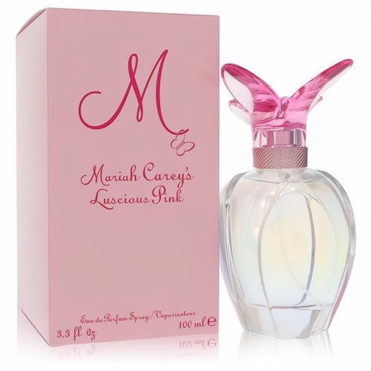 Mariah Carey Luscious Pink 3.3 oz EDP: elegant iridescent bottle, iconic pink butterfly cap, and matching pink box.