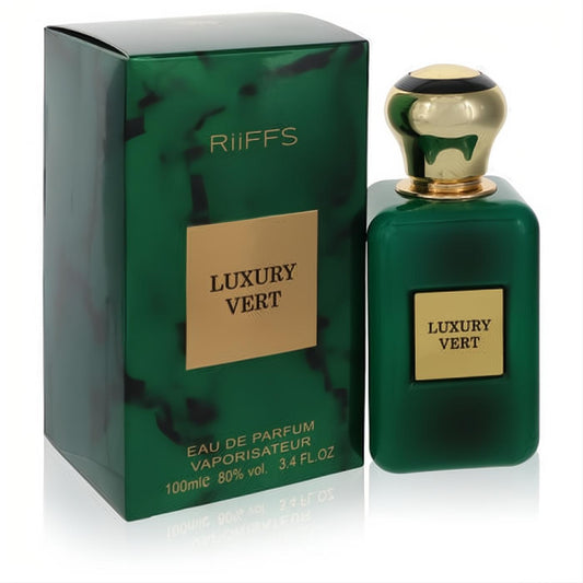 Riiffs Luxury Vert 3.4 oz EDP. Exquisite emerald green bottle, gold cap, and sophisticated marbled box design.