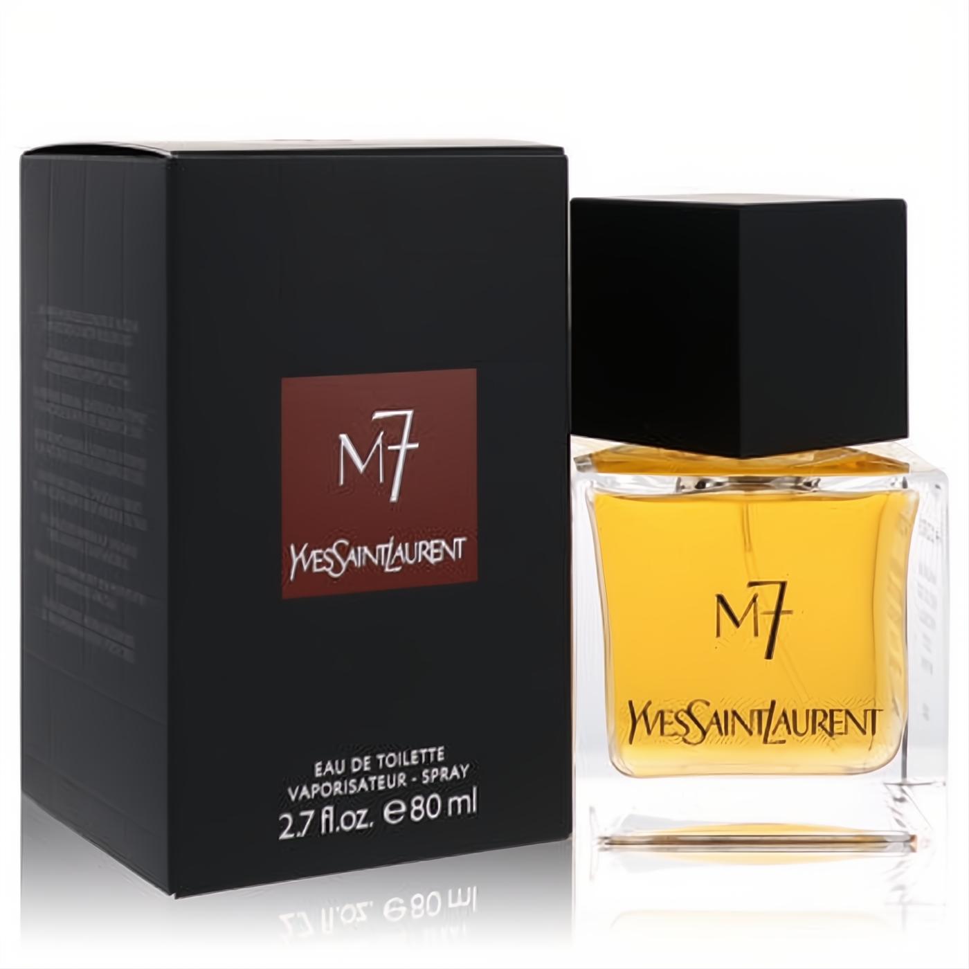 Luxurious YSL M7 men's Eau De Toilette spray, 2.7 oz. Amber liquid in a sleek clear bottle with black cap, beside its elegant black and red box.