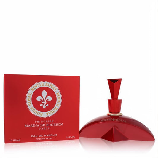Luxurious Marina De Bourbon Rouge Royal 3.4 oz Eau De Parfum. Vibrant red curved bottle with gold accents and matching box.