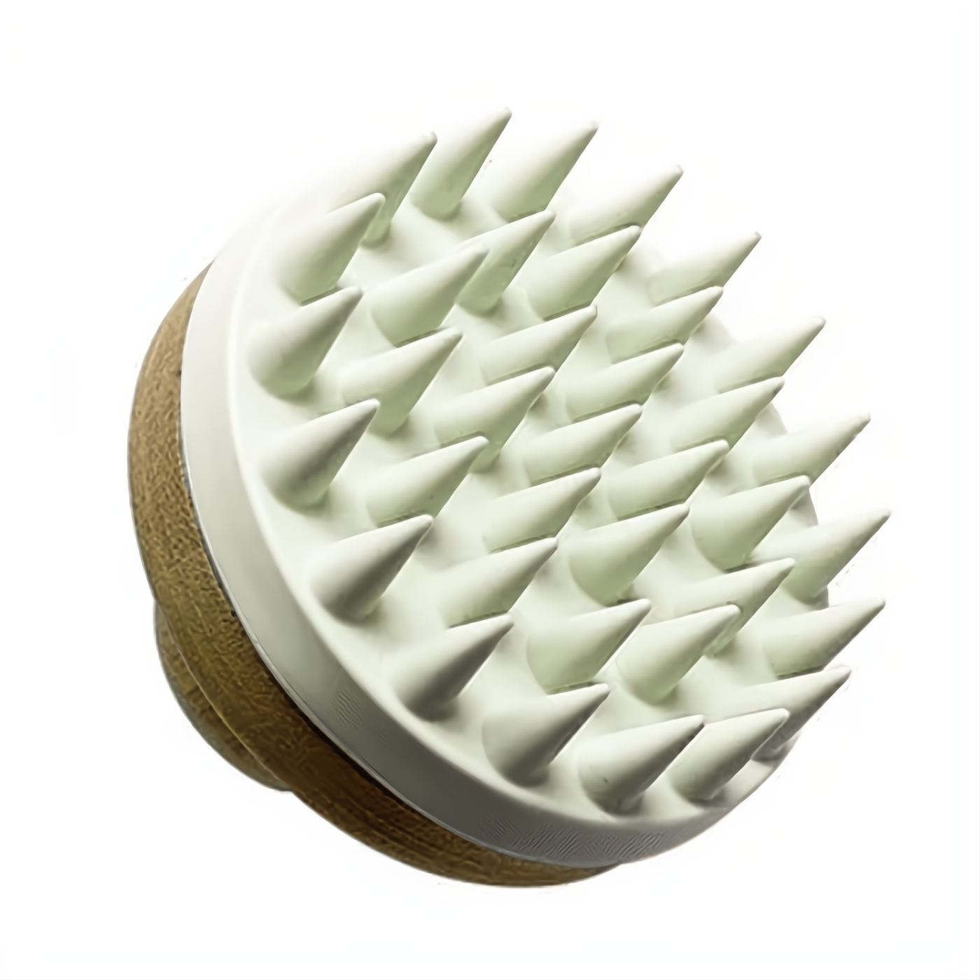 MASAMI Wabi Sabi scalp scrubber with light green silicone bristles and a natural wood base to stimulate healthy hair growth.