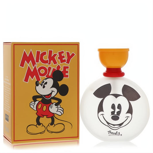 Mickey Mouse Disney 1.7 oz EDT spray. Frosted glass bottle with iconic Mickey face, vibrant yellow box.