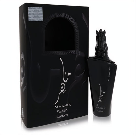 Sophisticated Maahir Black Edition Lattafa 3.4 oz unisex EDP. Sleek black bottle with unique horse-head cap and elegant matching box.