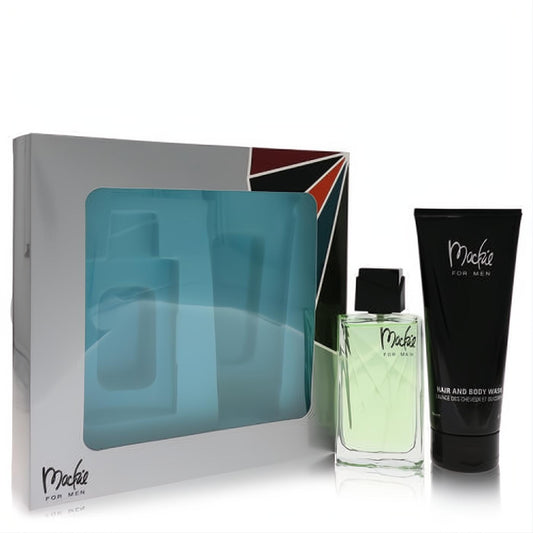 Mackie for Men gift set: stylish silver box with colorful design, clear window, refreshing green EDT spray, and black shower gel.
