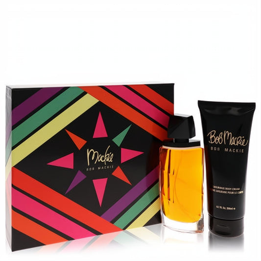 Luxurious Mackie by Bob Mackie women's gift set with a vibrant striped box, 3.4 oz amber EDT spray, and 6.8 oz black body cream.