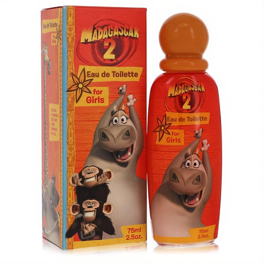 Madagascar 2 Eau de Toilette 2.5 oz spray for girls. Vibrant orange bottle and box featuring Gloria the hippo and monkeys. A fun fragrance!