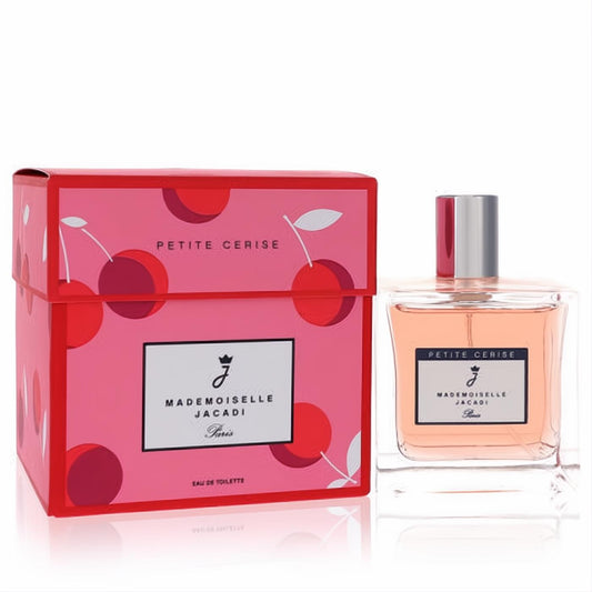 Mademoiselle Jacadi Petite Cerise 3.4 oz women's EDT. Pink cherry box and clear glass bottle with alluring pink fragrance.