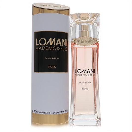Lomani Mademoiselle 100ml Eau De Parfum. Elegant pink fragrance in a clear glass bottle with gold cap, beside its chic white and gold box.