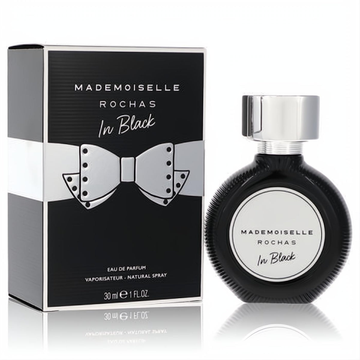 Mademoiselle Rochas In Black 1 oz women's Eau de Parfum. Chic black bottle with silver cap & studded bow box.