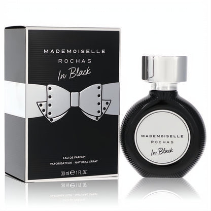 Mademoiselle Rochas In Black 1 oz women's Eau de Parfum. Chic black bottle with silver cap & studded bow box.
