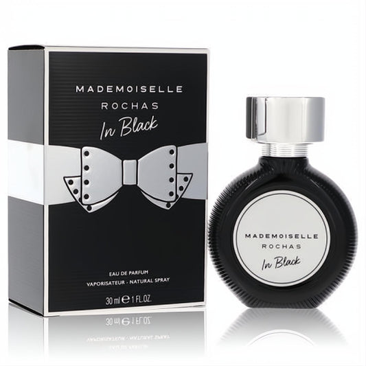 Mademoiselle Rochas In Black 1 oz women's Eau de Parfum. Chic black bottle with silver cap & studded bow box.