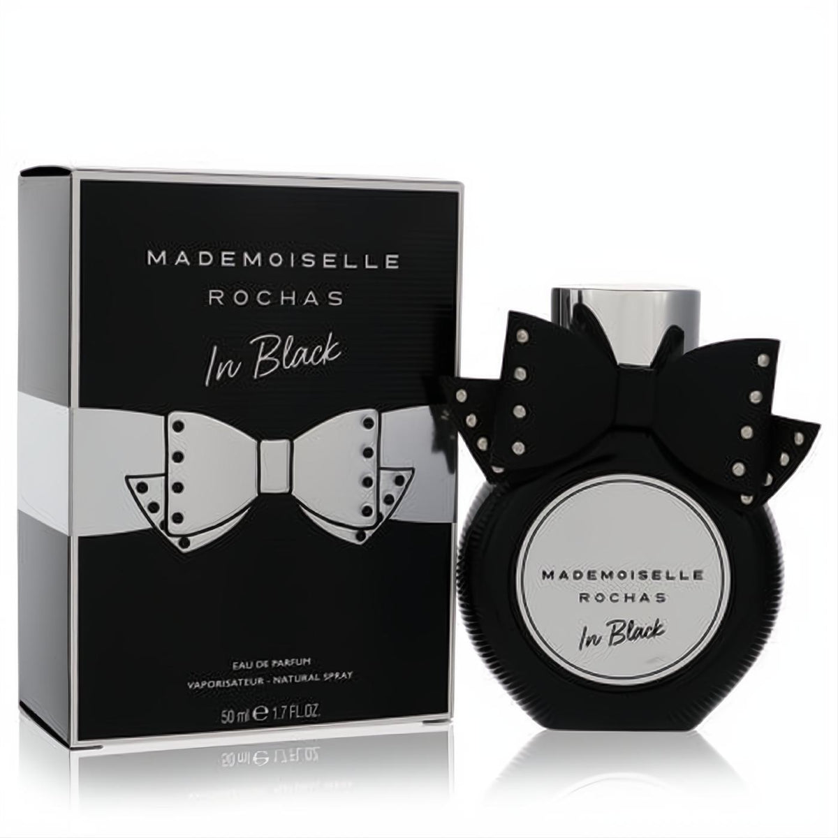 Mademoiselle Rochas In Black 1.7 oz EDP. Bold black ribbed bottle, studded bow, and sleek matching box. A captivating fragrance.