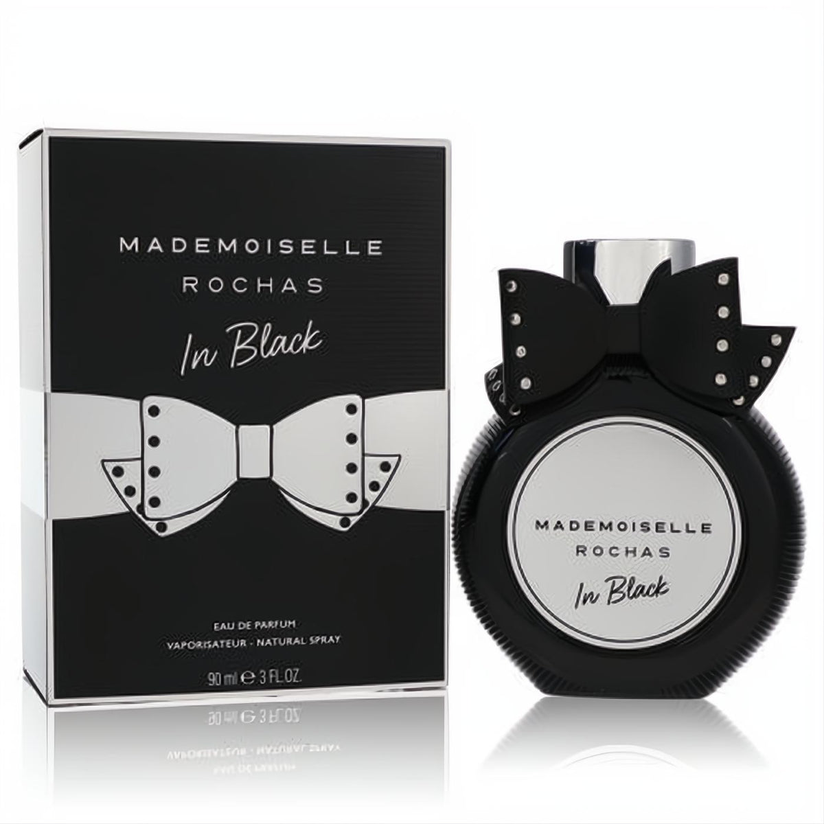 Sophisticated Mademoiselle Rochas In Black 3 oz EDP, featuring a chic black bottle with studded bow and matching box.