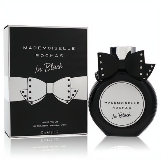 Sophisticated Mademoiselle Rochas In Black 3 oz EDP, featuring a chic black bottle with studded bow and matching box.