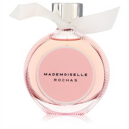 Elegant Mademoiselle Rochas 3 oz EDP tester. Round pink ribbed glass bottle with silver cap and white ribbon detail.