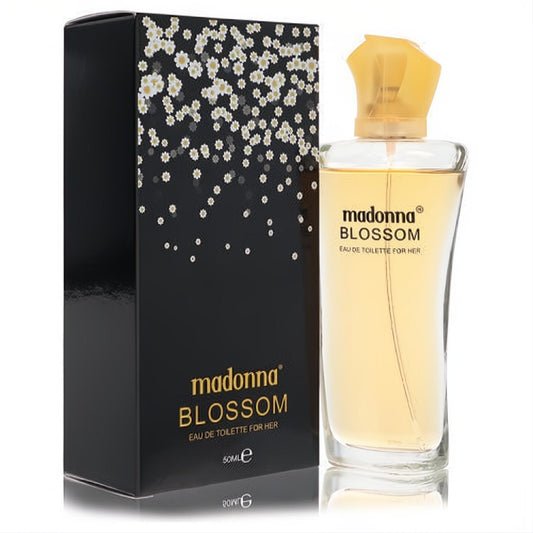 Madonna Blossom 1.7 oz Eau De Toilette for women. Golden liquid in a sleek clear bottle, paired with a chic black floral box.