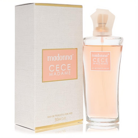 Madonna Cece Madame 1.7 oz EDT. Sophisticated peach fragrance in a curved glass bottle with a frosted cap and elegant textured box.