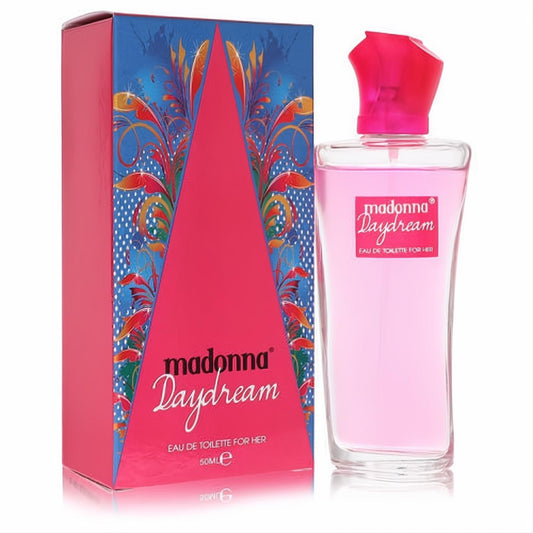 Madonna Daydream 1.7 oz EDT spray: elegant pink perfume bottle with unique cap, beside a vibrant floral-patterned box.