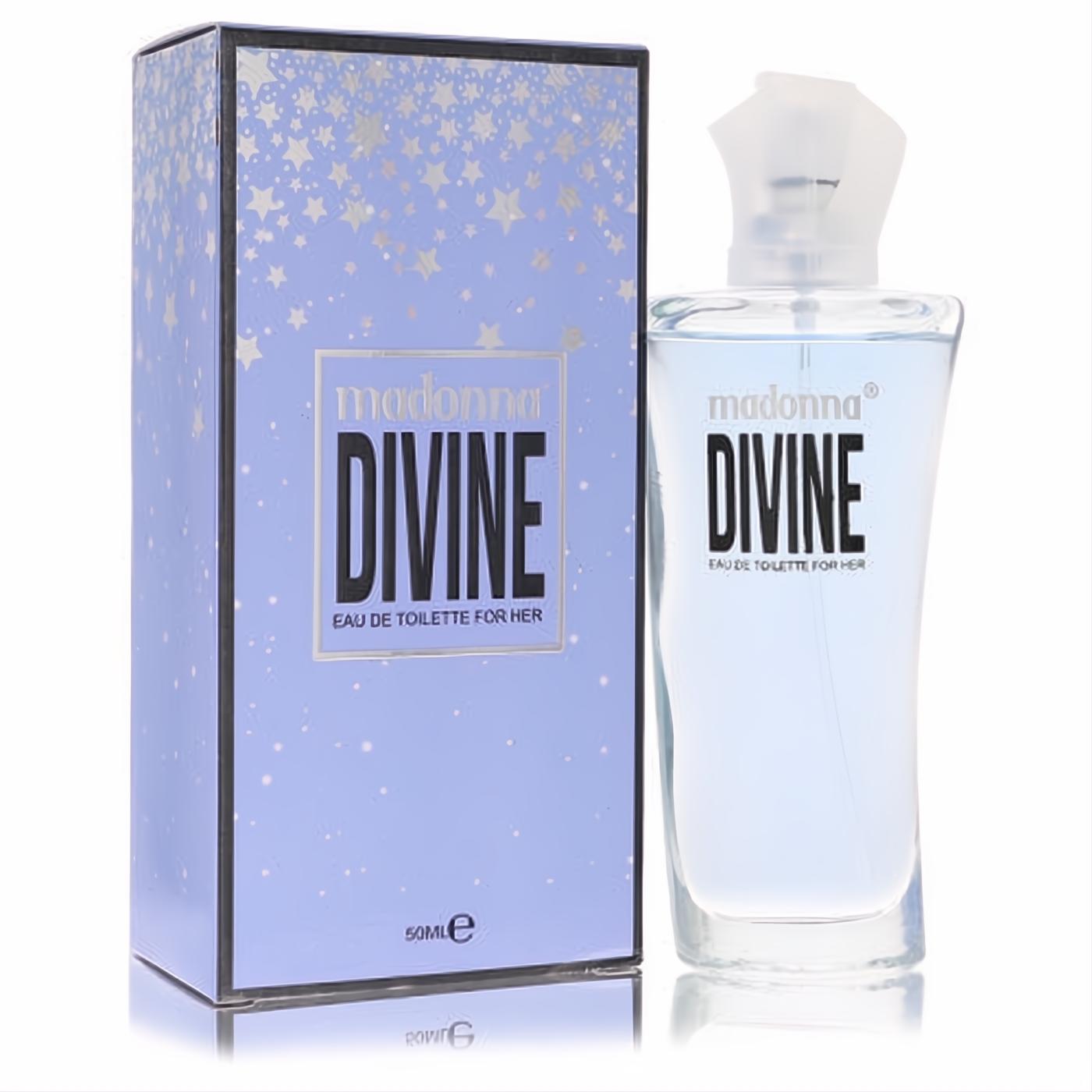 Madonna Divine 1.7 oz Eau De Toilette for Her. Elegant clear glass bottle with light blue fragrance, paired with a stunning starry blue box.