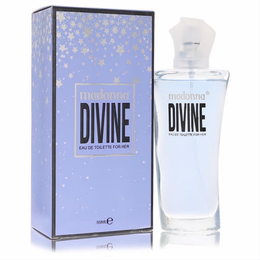 Madonna Divine 1.7 oz Eau De Toilette for Her. Elegant clear glass bottle with light blue fragrance, paired with a stunning starry blue box.