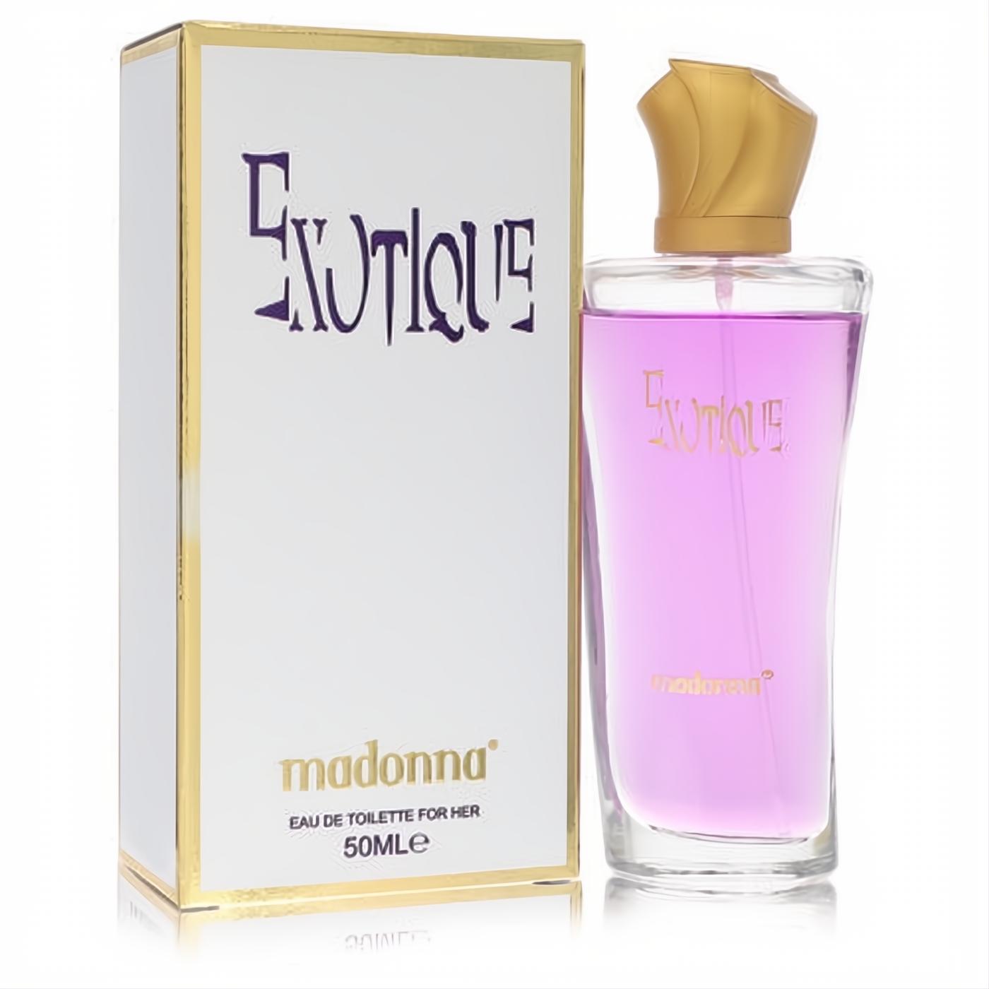 Madonna Exotique 1.7 oz EDT spray for women. Elegant clear bottle with vibrant purple fragrance and unique gold twisted cap.