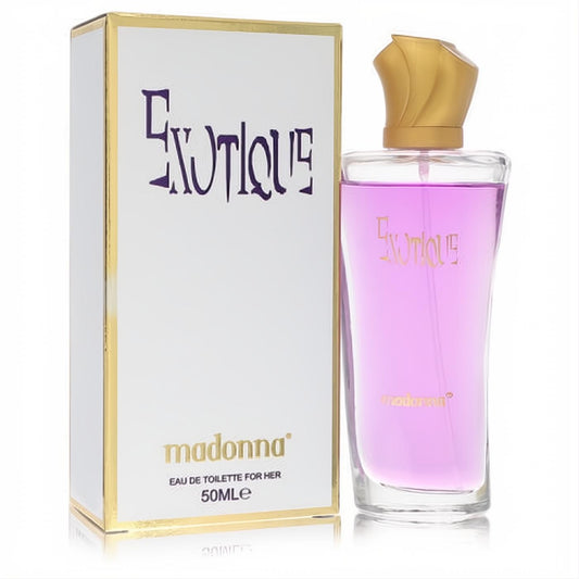 Madonna Exotique 1.7 oz EDT spray for women. Elegant clear bottle with vibrant purple fragrance and unique gold twisted cap.