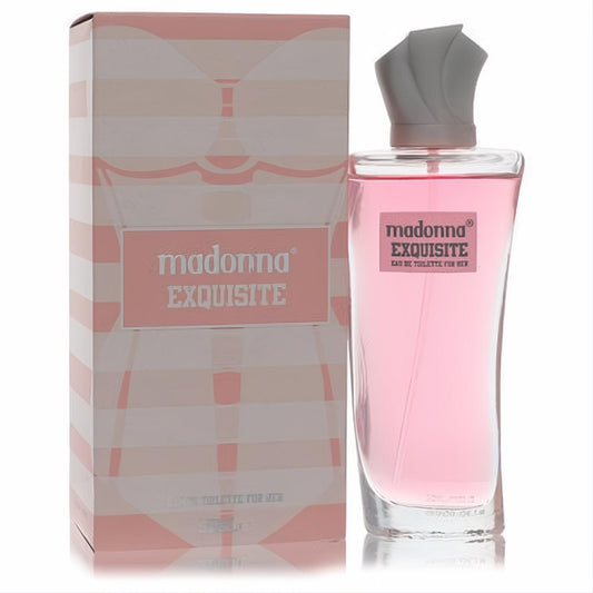 Madonna Exquisite 1.7 oz EDT. Clear glass bottle with vibrant pink fragrance, unique grey sculpted cap, and elegant striped pink box.