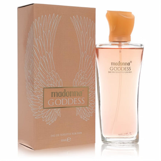 Madonna Goddess 1.7 oz EDT spray. Elegant clear bottle with soft pink fragrance, unique peach cap. Matching peach box features graceful white wings.