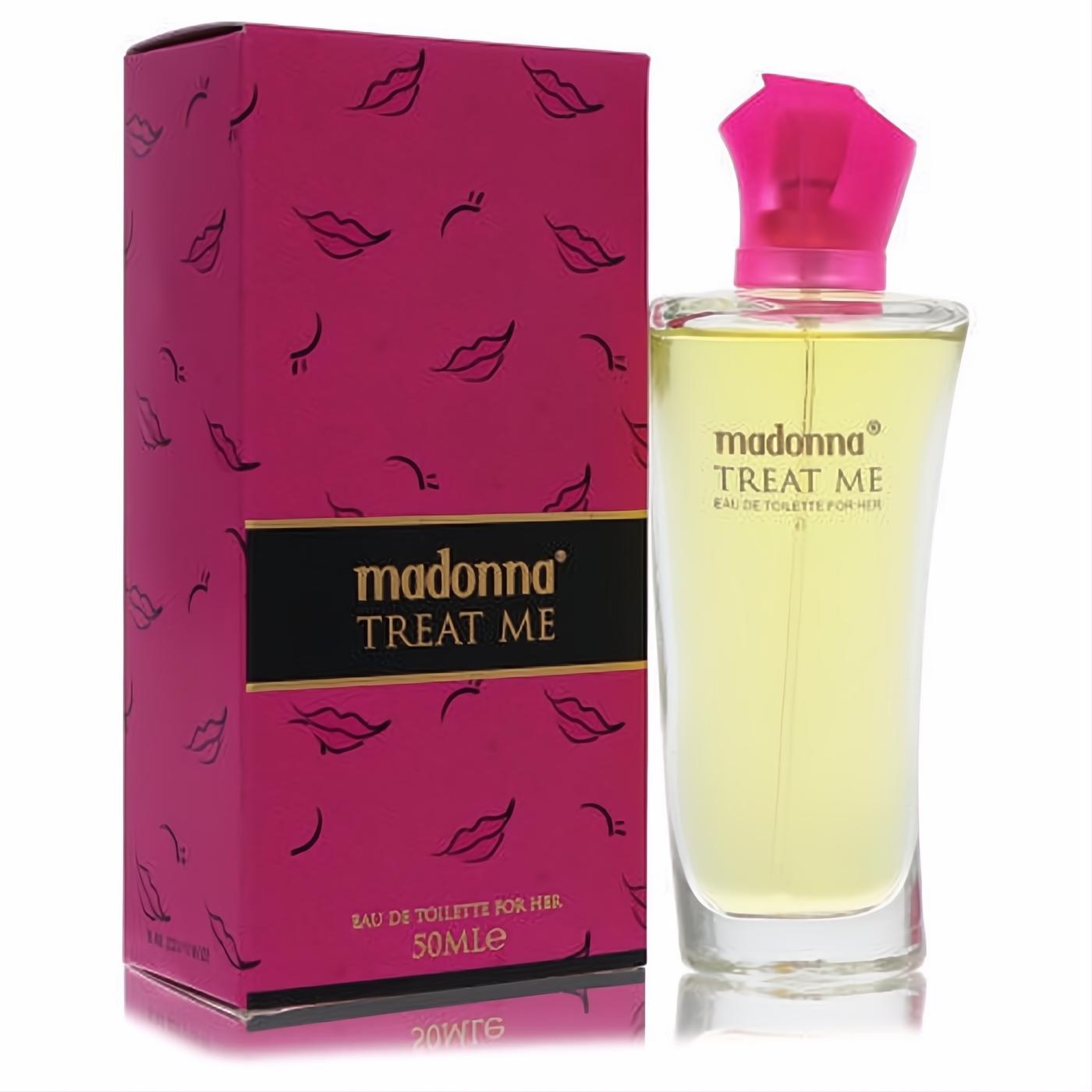 Madonna Treat Me 1.7 oz EDT. Chic clear bottle with pink cap, paired with a vibrant fuchsia box featuring a playful lip print.