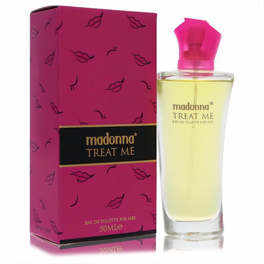 Madonna Treat Me 1.7 oz EDT. Chic clear bottle with pink cap, paired with a vibrant fuchsia box featuring a playful lip print.