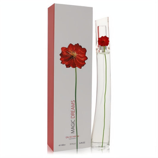 Magic Dreams by Parfums Rivera 3.4 oz Eau De Parfum. Clear glass bottle with a vibrant red flower, paired with its elegant floral box.