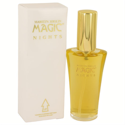 Marilyn Miglin Magic Nights women's 1.7 oz Eau De Parfum spray. Golden fragrance in an elegant clear glass bottle with a gold cap, next to its white box.