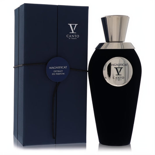 Luxurious Magnificat V Canto unisex extrait de parfum. Elegant black velvet bottle with silver cap, beside a deep blue gift box.