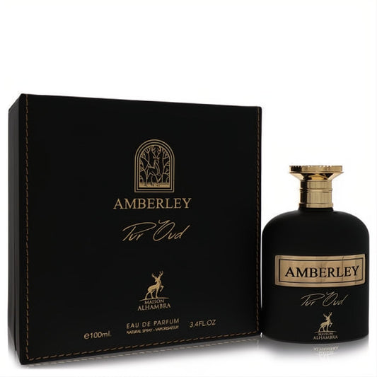 Maison Alhambra Amberley Pure Oud 3.4 oz unisex EDP. Sleek black bottle with gold cap and label, displayed with its luxurious black and gold box.