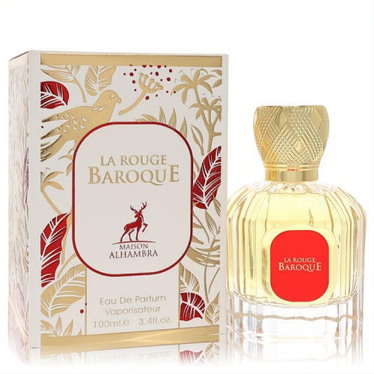 Maison Alhambra La Rouge Baroque 3.4oz unisex EDP. Elegant fluted glass bottle with gold cap, ornate red and gold box.