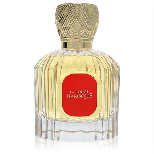 Luxurious Maison Alhambra La Rouge Baroque 3.4 oz EDP. Elegant ribbed glass bottle, ornate gold cap, and striking red label.