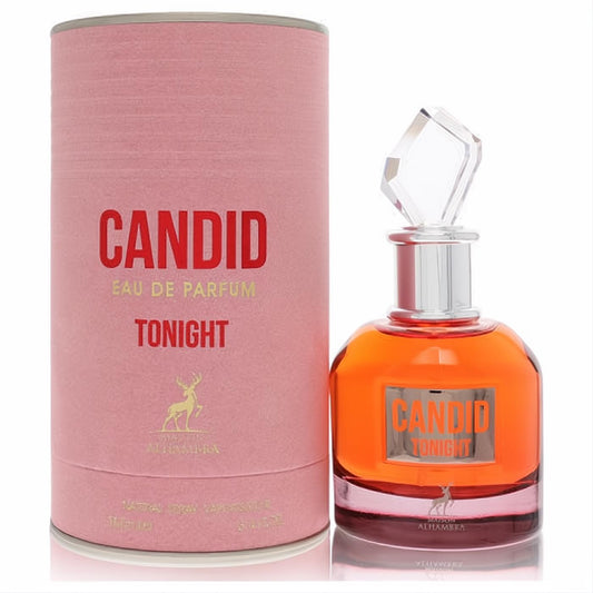 Alluring Maison Alhambra Candid Tonight EDP. Vibrant orange glass bottle, silver neck, sparkling faceted cap. Chic pink box.