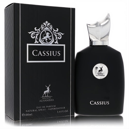 Maison Alhambra Cassius men's EDP: sleek matte black 3.4 oz bottle with a striking silver ornate cap.