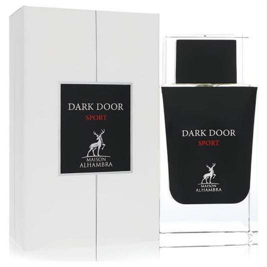 Maison Alhambra Dark Door Sport unisex Eau De Parfum. Sleek black 3.4 oz bottle with clear base, elegant white box, deer logo.