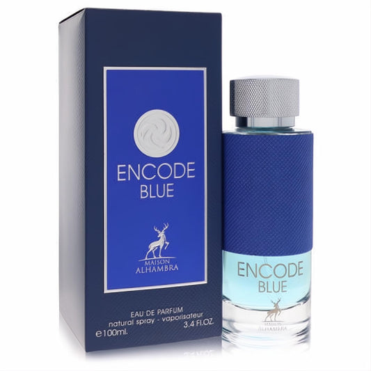 Maison Alhambra Encode Blue 3.4 oz men's EDP. Striking dark blue textured bottle with a sleek silver cap, presented with its elegant box.