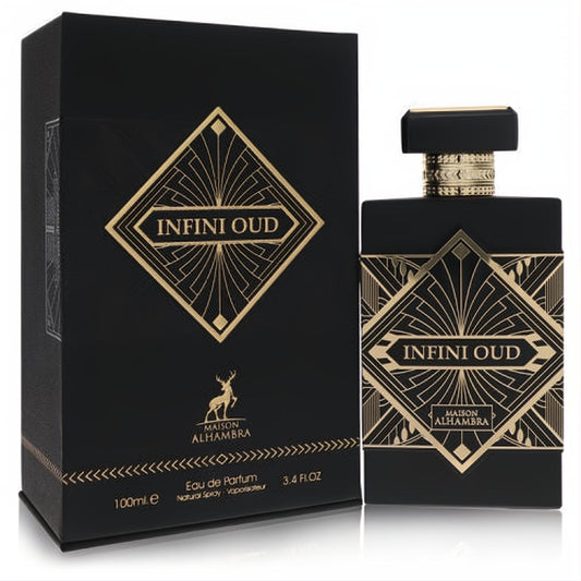 Maison Alhambra Infini Oud 3.4 oz unisex EDP. Striking black bottle and box with intricate gold Art Deco patterns.