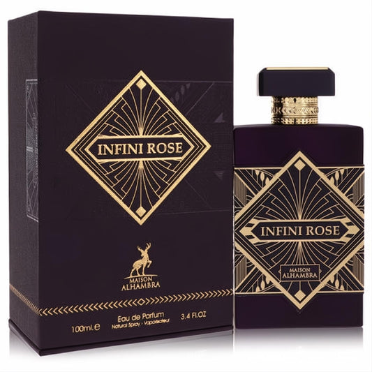 Elegant Maison Alhambra Infini Rose 3.4 oz unisex Eau de Parfum spray. Dark purple bottle and box with striking gold art deco design.