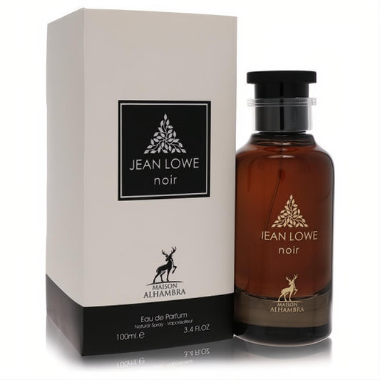 Maison Alhambra Jean Lowe Noir 3.4 oz unisex EDP. Luxurious amber bottle with gold accents, sleek black cap, and elegant cream box.