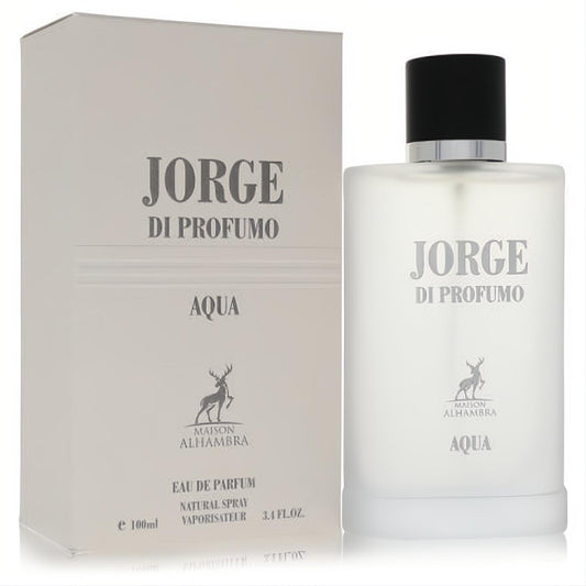 Maison Alhambra Jorge Di Profumo Aqua 3.4 oz men's EDP. Frosted rectangular bottle with black cap and sophisticated light grey box.