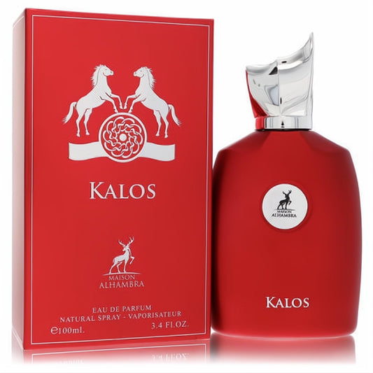 Maison Alhambra Kalos 3.4 oz unisex EDP. Bold red bottle, sleek silver cap, and elegant deer emblem.